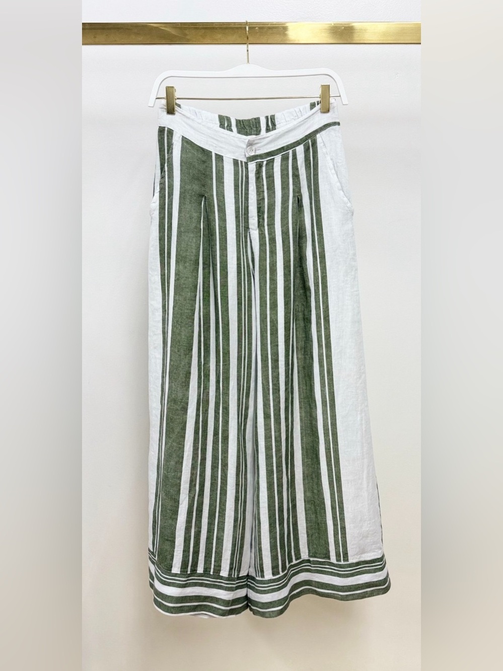 (154018-1-STRIPE-W/G)  STRIPE LINEN WIDE LEG PLAZZO PANTS